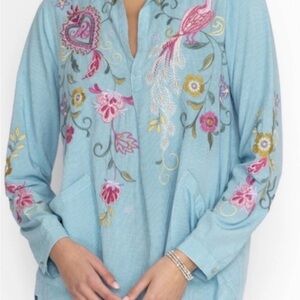 Johnny Was Sky Blue Blouse with Vibrant Embroidery